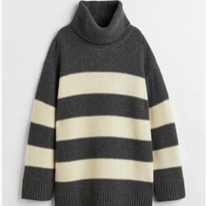 H&M Premium Label gray and cream stripe wool and cashmere turtleneck sweater NWT